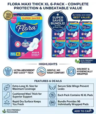 Flora Sanitary Pads Maxi Thick XXL (16 Pieces) 6 Pack Price
